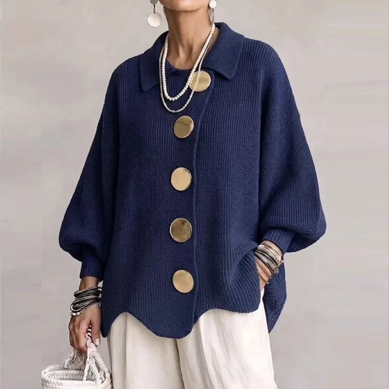 Women ribbed knit cardigan oversized gold buttons balloon sleeves scalloped hem