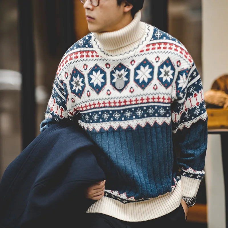 Christmas Jumper | Mens Fair Isle Knit Sweater, Turtleneck Pullover
