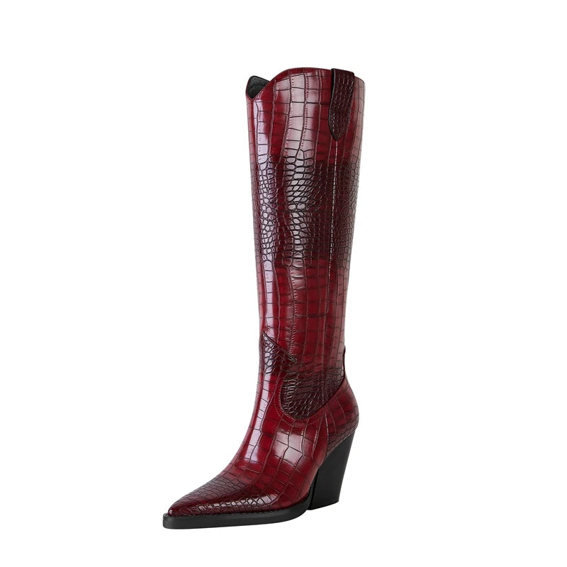 Womens knee high cowboy boots with pointed toe, chunky heel and waterproof upper