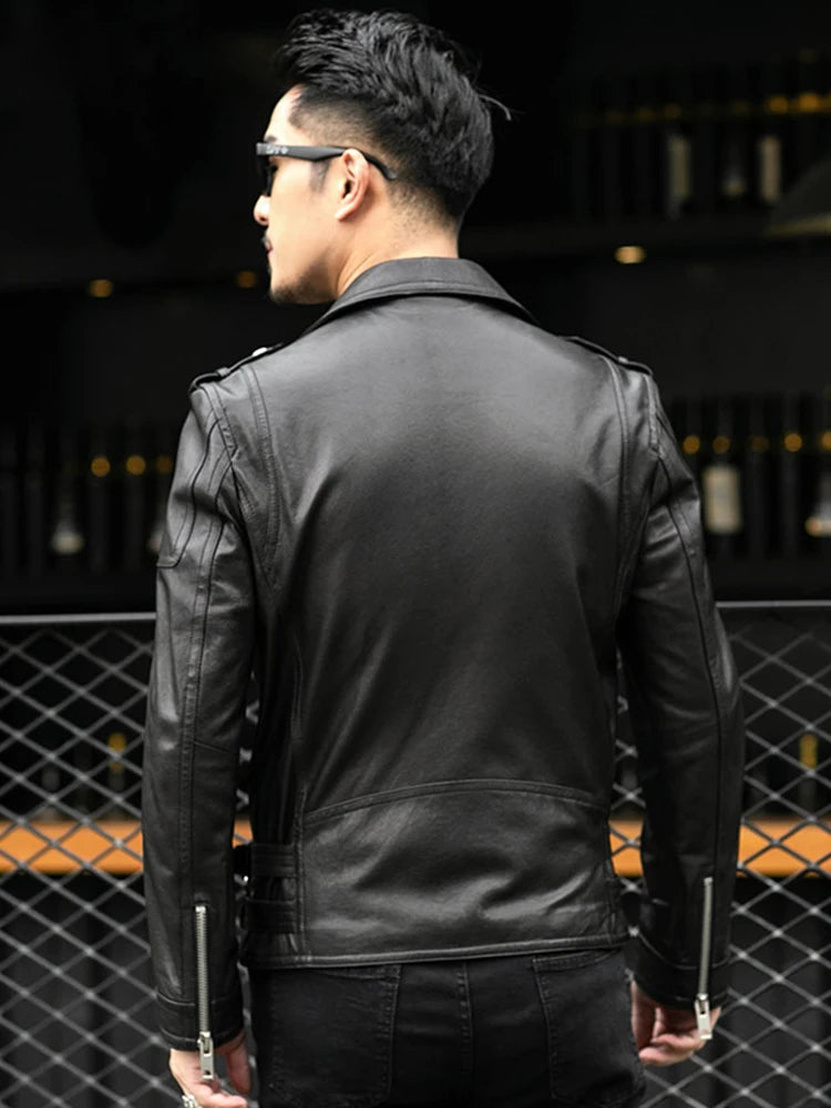 Men's Leather Jacket | Biker Style, Belted Design | Plus Size, Long Sleeves