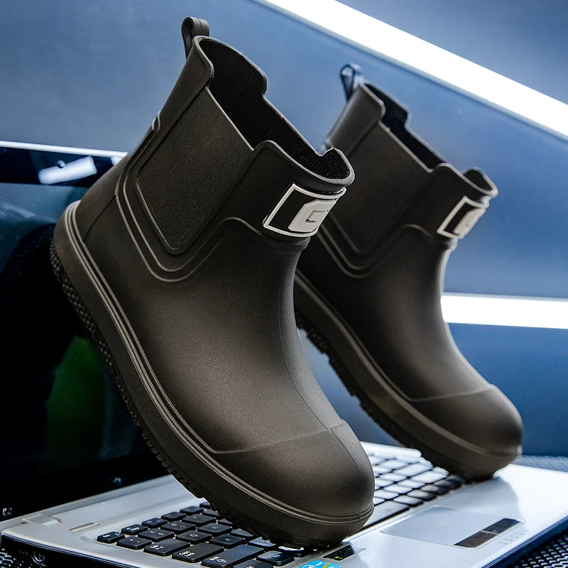 Men ankle rain boots slip on waterproof wellies non-slip outsole