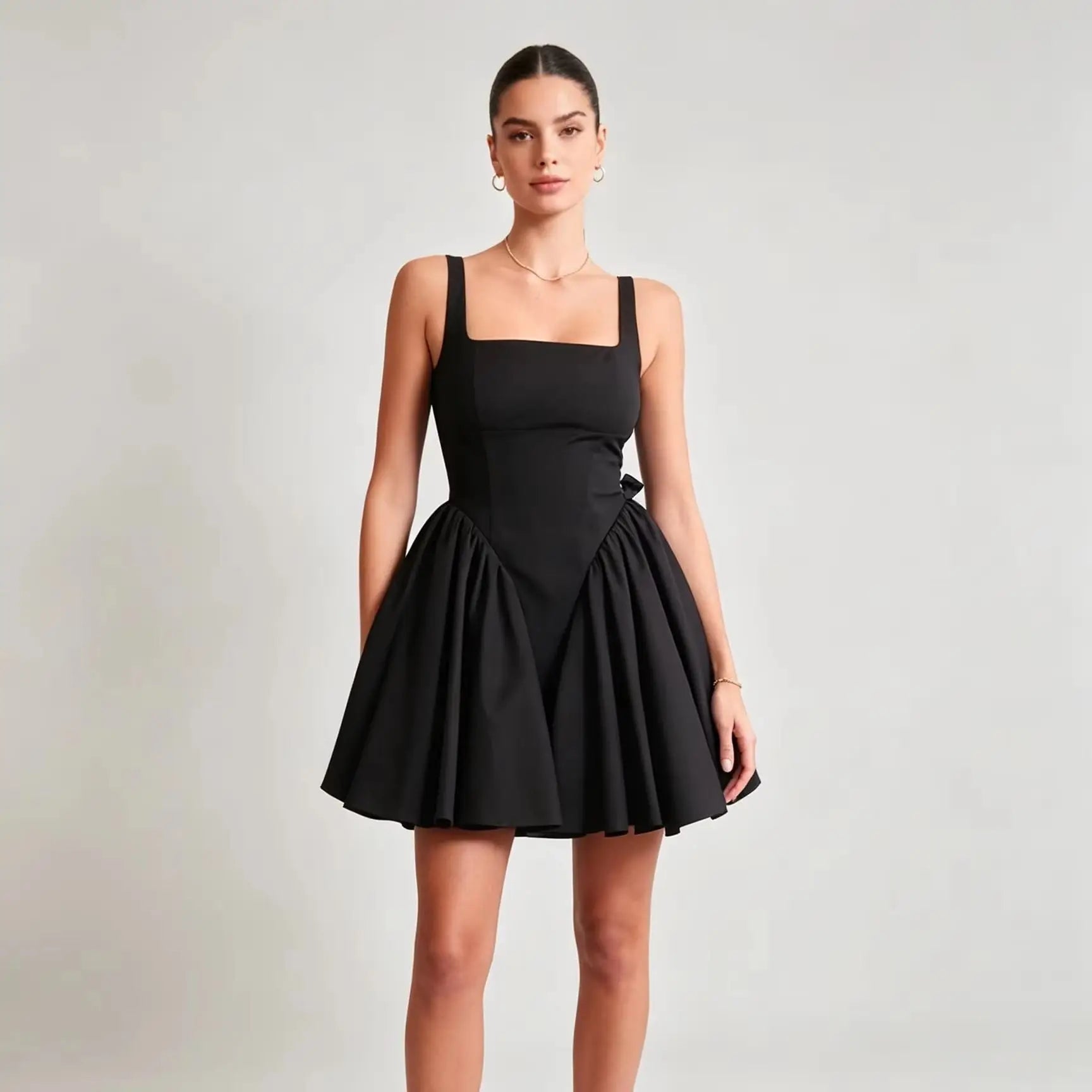Women's Dress | Square Neck, Backless Bow Tie | Korean Minimalist Style