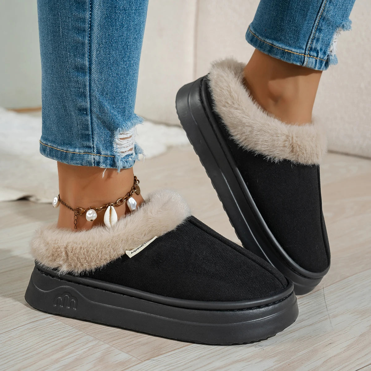 Women slipper boots fuzzy warm indoor anti-slip flat pull-on