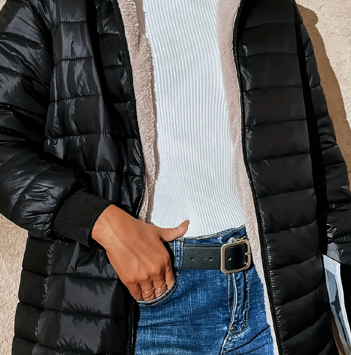 Women long quilted hooded puffer jacket extended length zip closure