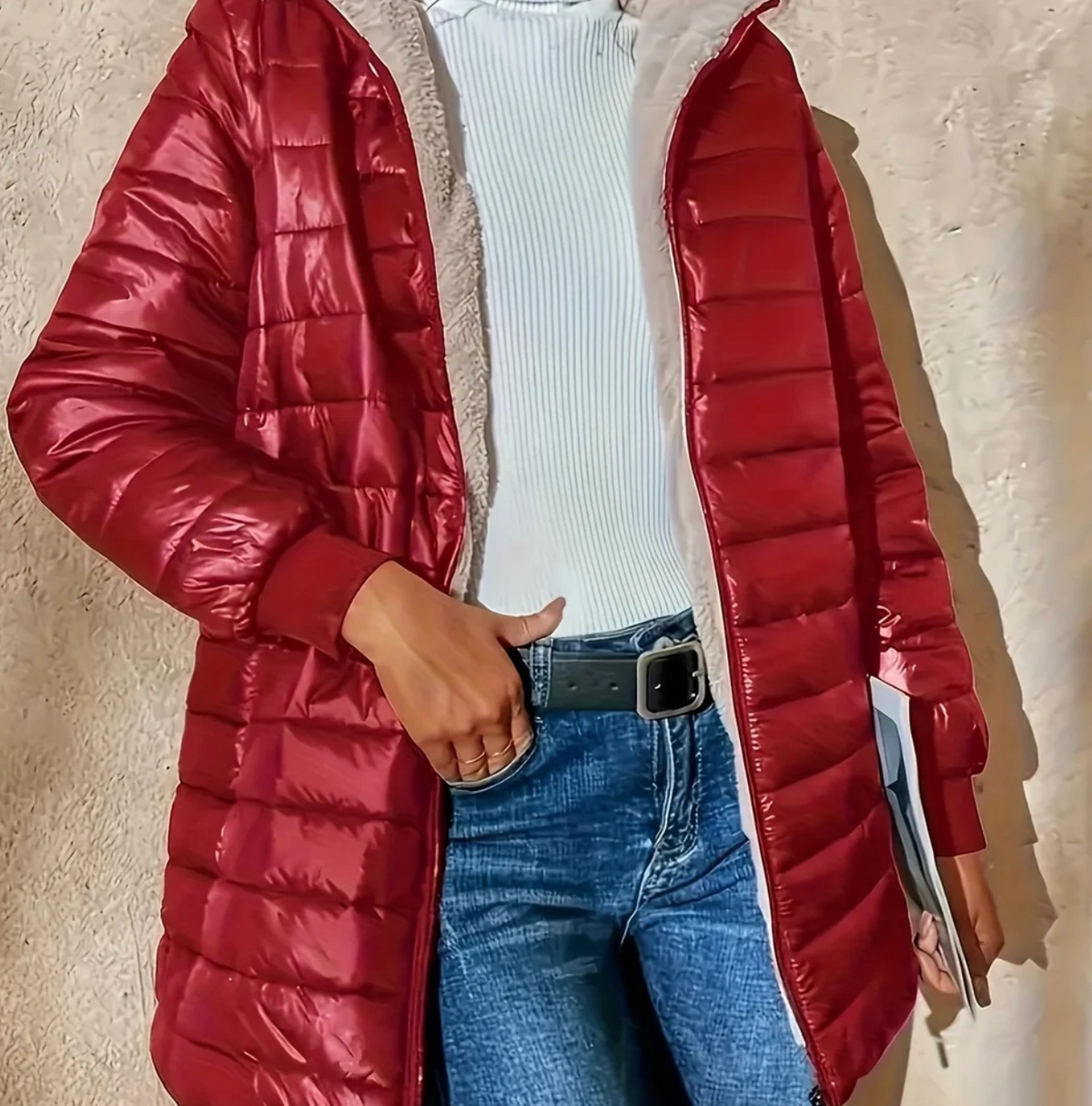 Women long quilted hooded puffer jacket extended length zip closure