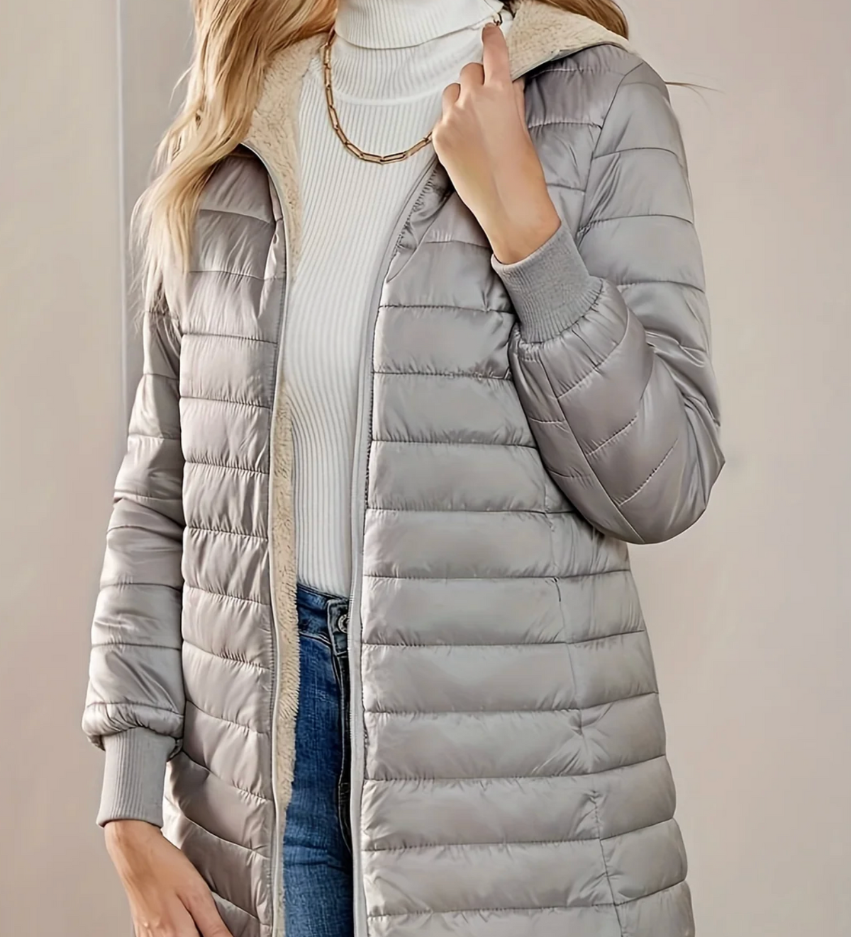Women long quilted hooded puffer jacket extended length zip closure