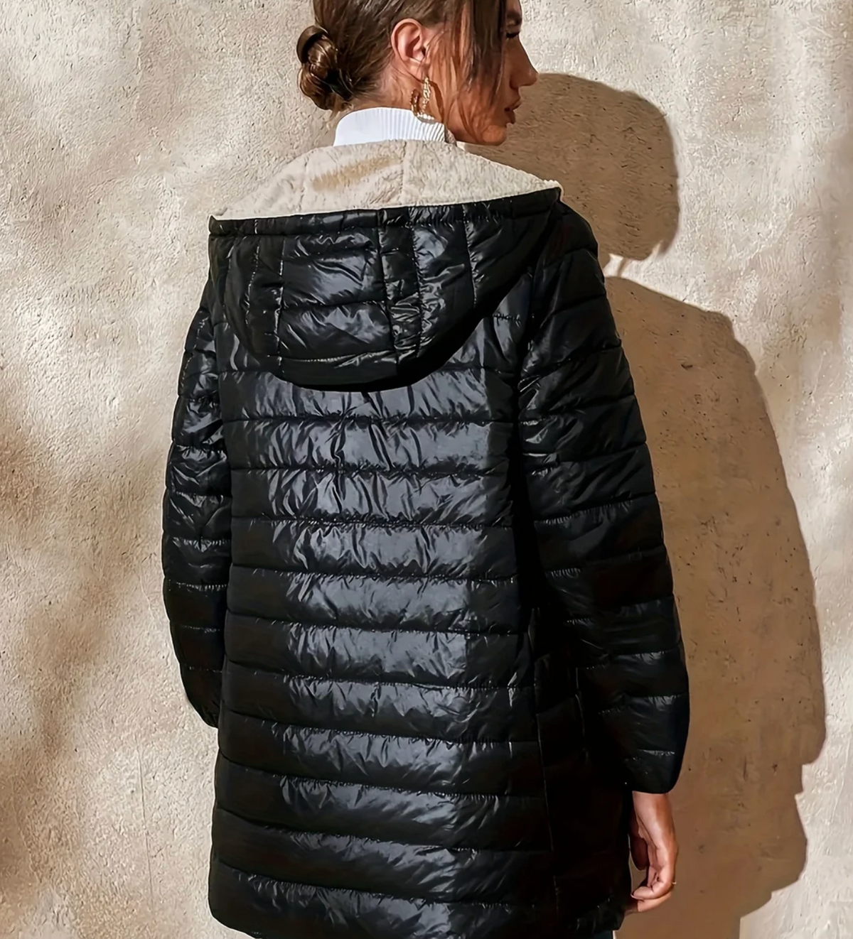 Women long quilted hooded puffer jacket extended length zip closure