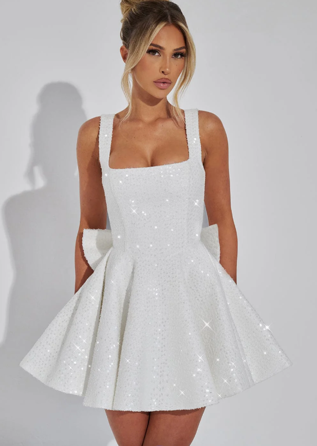 Mini Sequin Dress | Bow Detail, Flared Skirt | Party Dress