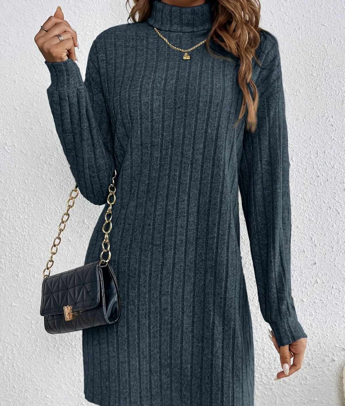 Women ribbed knit turtleneck mini dress long sleeve fitted silhouette