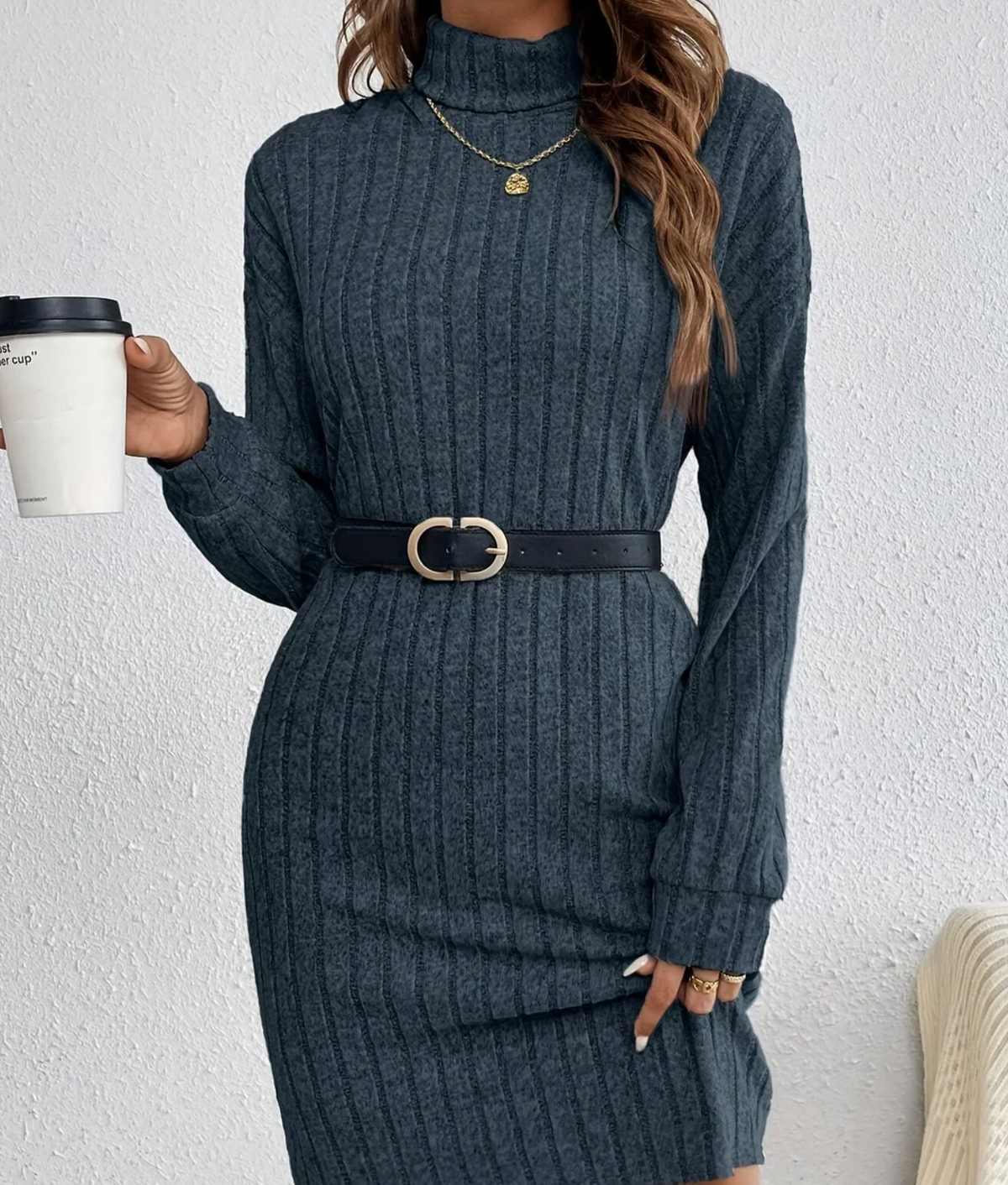 Women ribbed knit turtleneck mini dress long sleeve fitted silhouette