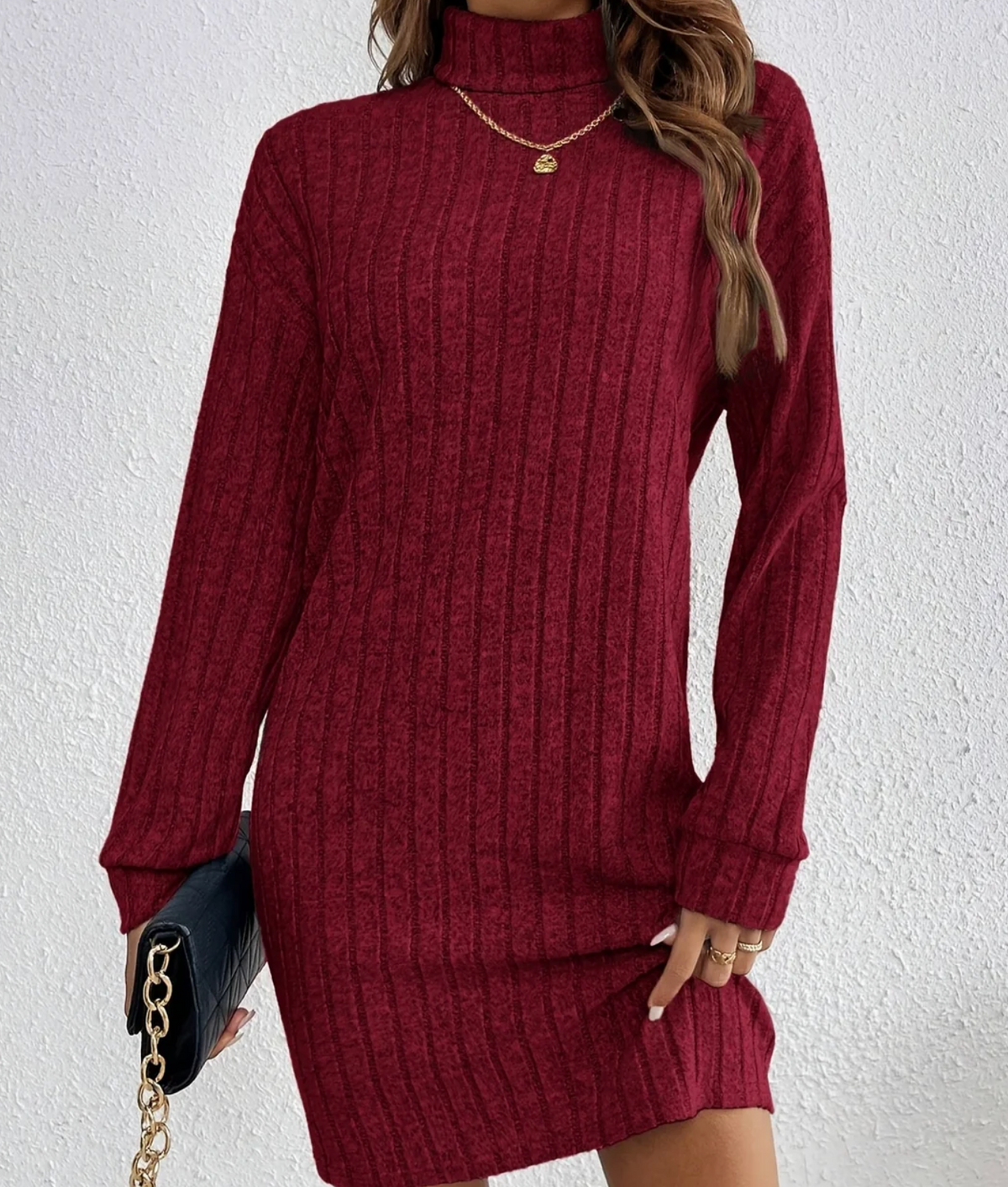 Women ribbed knit turtleneck mini dress long sleeve fitted silhouette