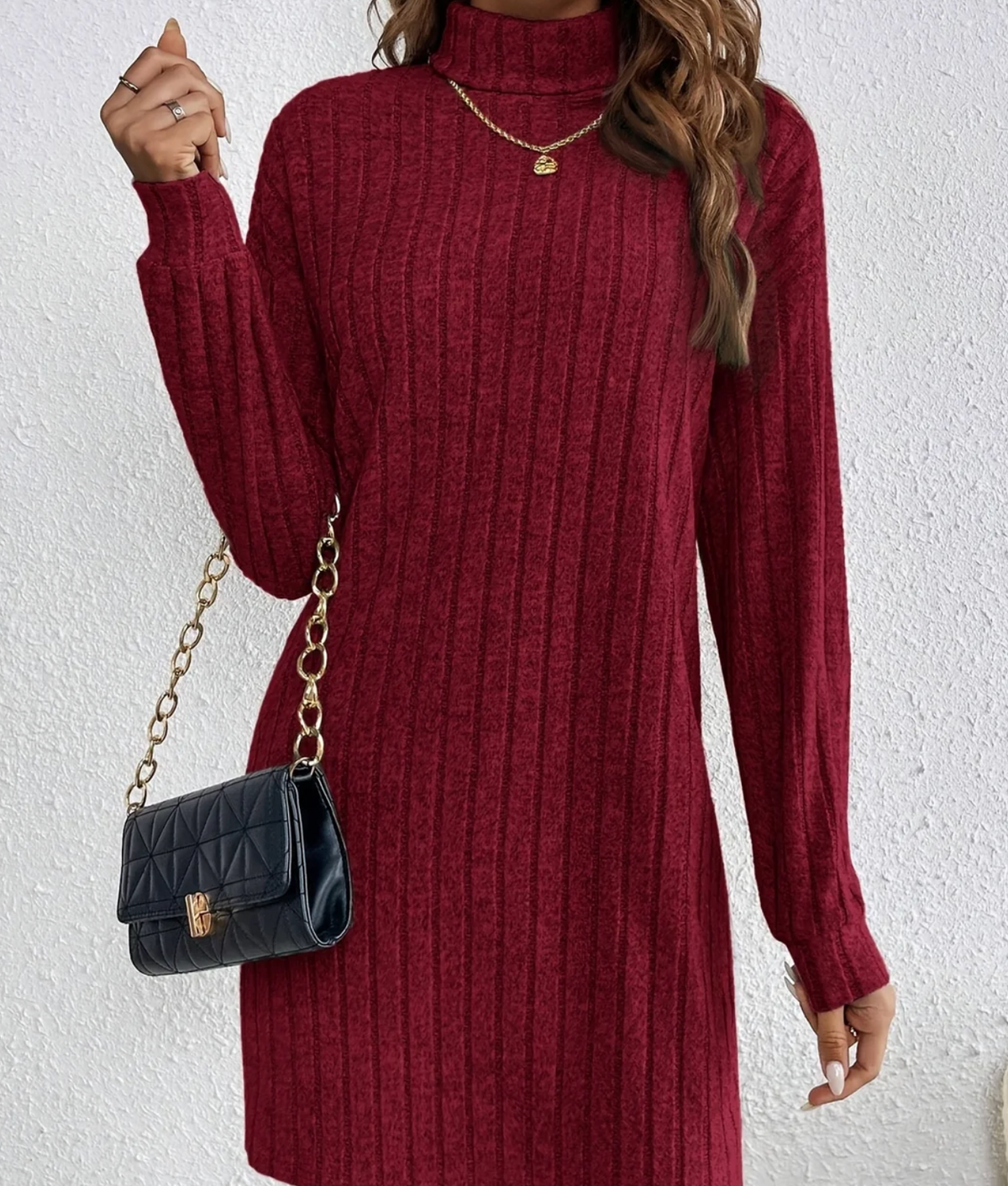 Women ribbed knit turtleneck mini dress long sleeve fitted silhouette