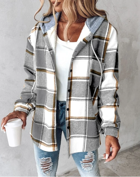 Plaid hooded jacket women oversized winter coat with pockets