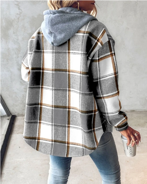 Plaid hooded jacket women oversized winter coat with pockets