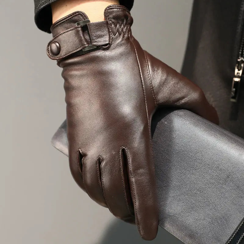 Men sheepskin leather winter gloves fleece lined driving style