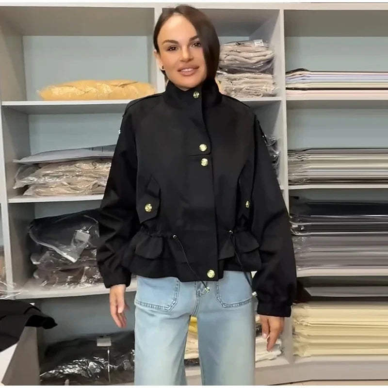 Women bomber jacket with wide sleeves and stand collar