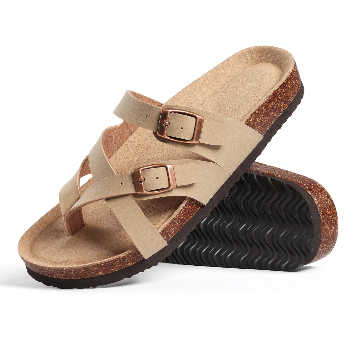 Orthopedic sandals contoured footbed for women with arch support and cork base
