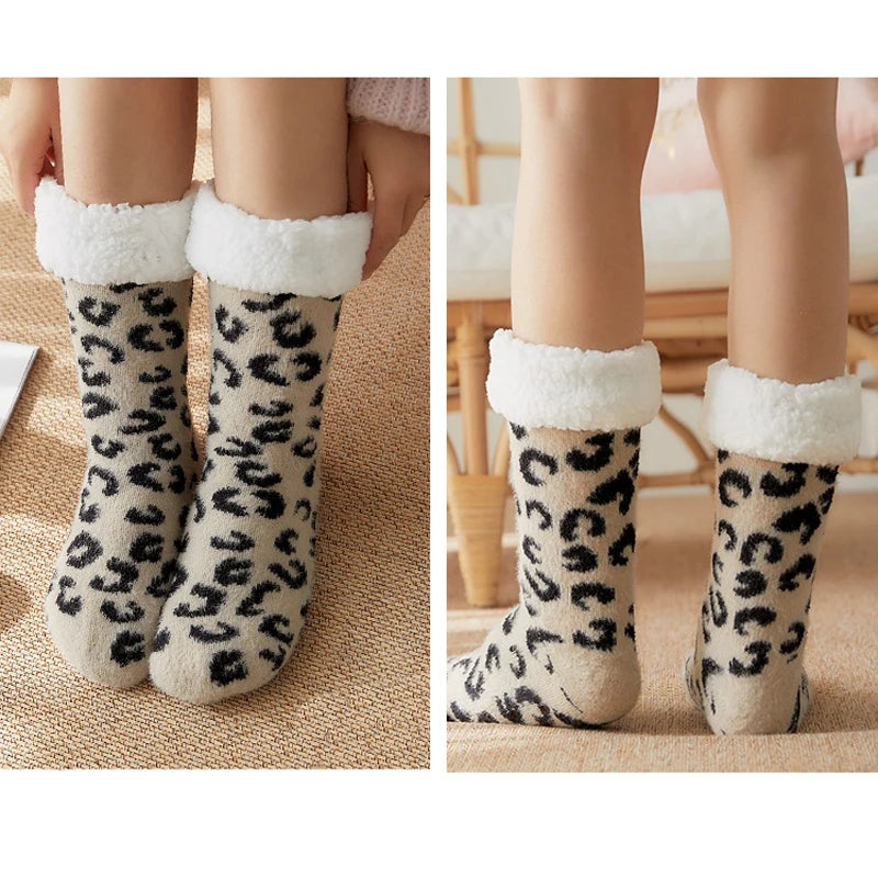 Teddy slipper socks women leopard print fluffy thermal winter