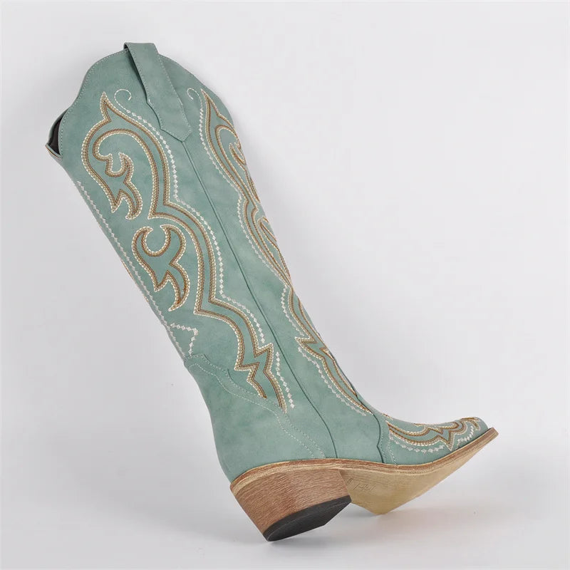 Women's Cowboy Boots | Knee High, Western Embroidery, Thick Heel