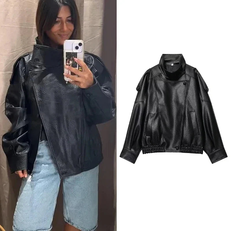 Women's Leather Jacket | Long Sleeve, Oversized | Black, Brown, Wine