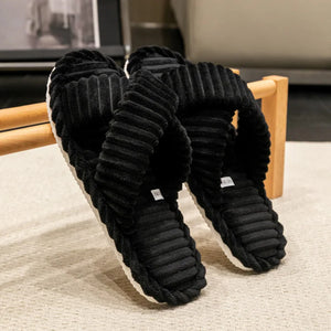 Women's Corduroy Slippers | Cross Band, Warm Plush | Open Toe Slides