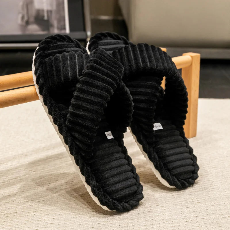 Women's Corduroy Slippers | Cross Band, Warm Plush | Open Toe Slides