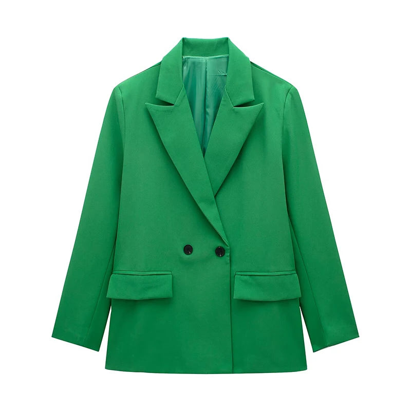 Women double breasted blazer long sleeve notch lapel with pockets
