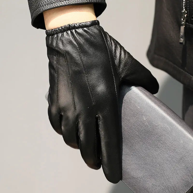 Men sheepskin leather winter gloves fleece lined driving style