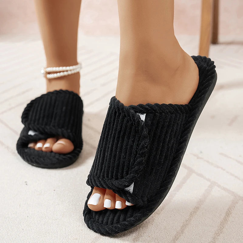 Women's Slippers | Flat Heel, Open Toe, Corduroy | Comfortable Indoor