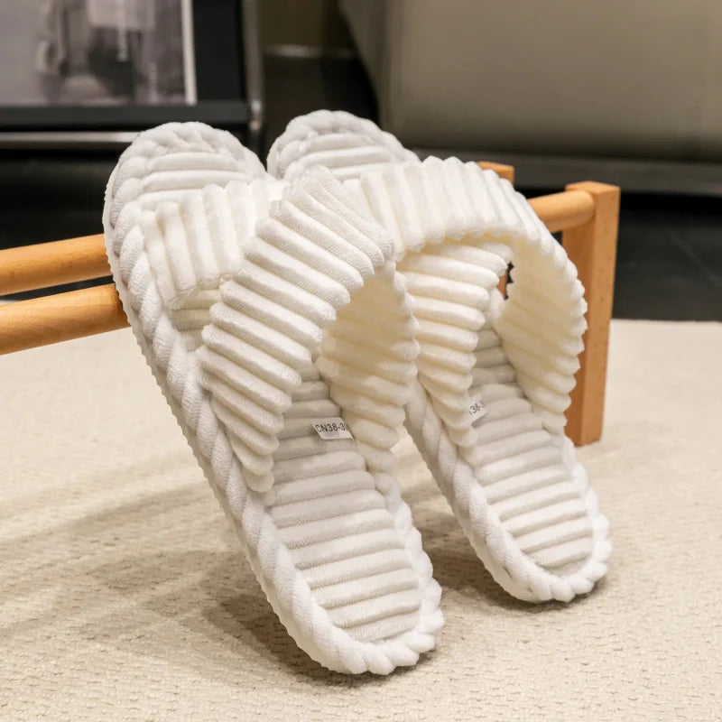 Women's Corduroy Slippers | Cross Band, Warm Plush | Open Toe Slides