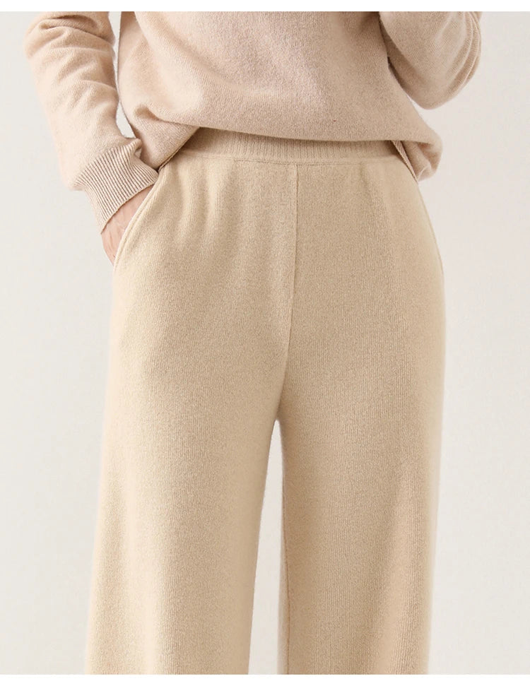Knit Trousers | Women's High Waist, Wide Leg | Comfortable Fit