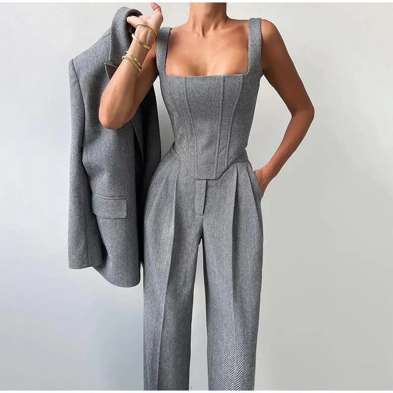 Women's Pants Suit | Corset Top, Blazer and Straight Pants