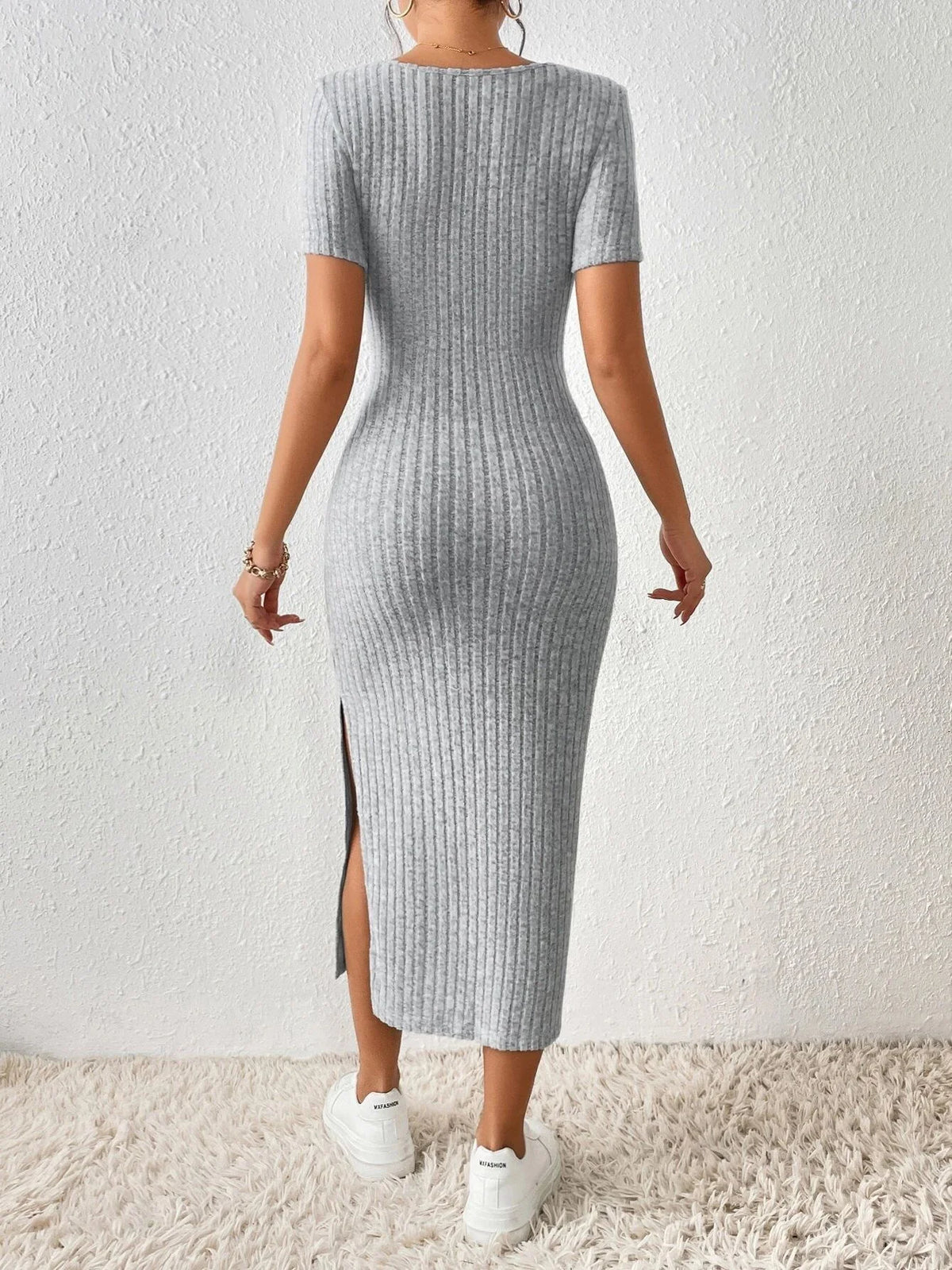 Knit Midi Dress | Women's Slim Fit, Square Neck | Short Sleeve, Fitted
