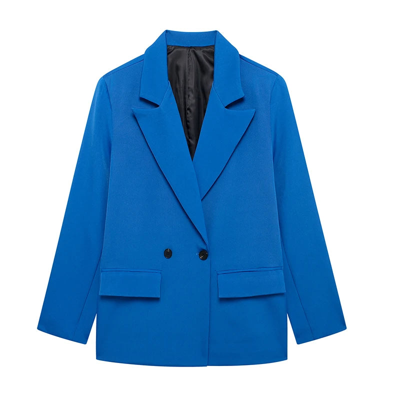 Women double breasted blazer long sleeve notch lapel with pockets