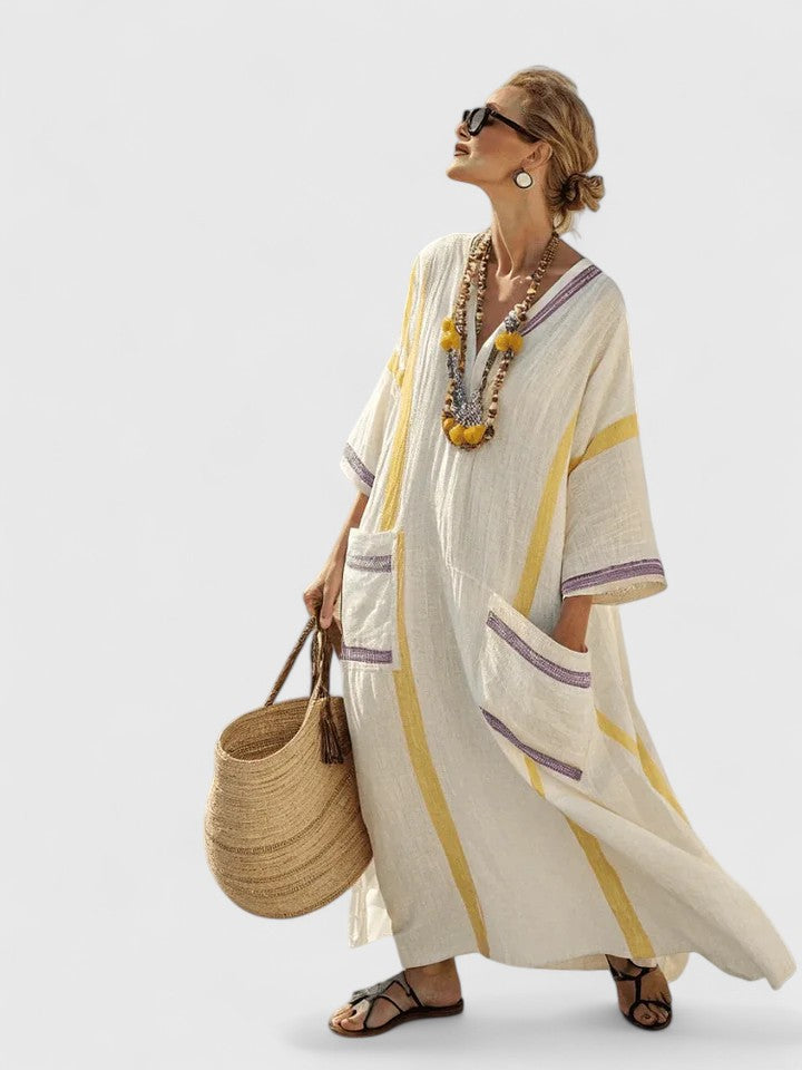 Women's Maxi Dress | Cotton Kaftan with Stripe Detail | V-Neck