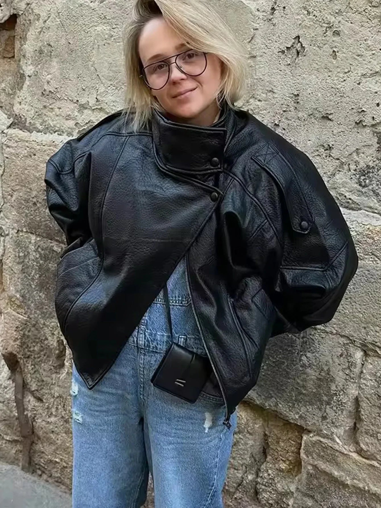 Women's Leather Jacket | Long Sleeve, Oversized | Black, Brown, Wine