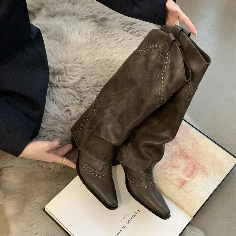 Womens knee high cowboy boots with square heel and retro style