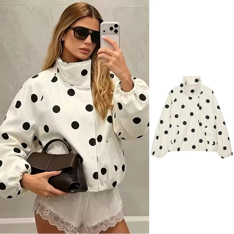 Women polka dot jacket high neck with front zip black white print
