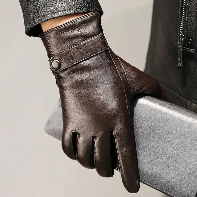 Men sheepskin leather winter gloves fleece lined driving style
