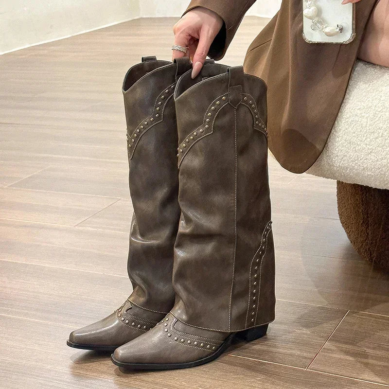 Womens knee high cowboy boots with square heel and retro style