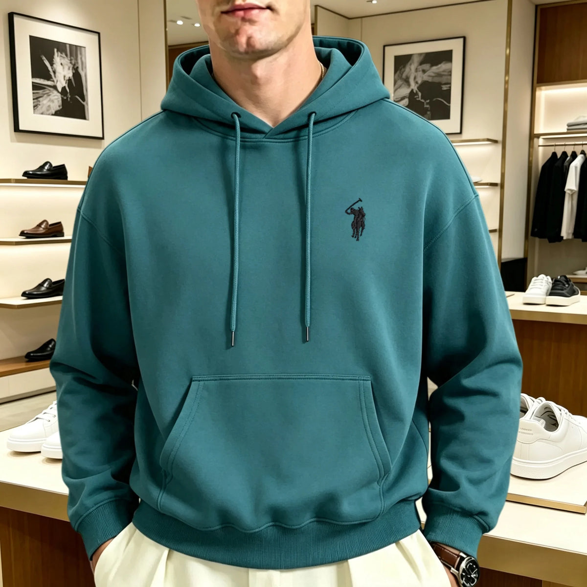 Unisex heavyweight embroidered hoodie loose fit pullover with animal motif