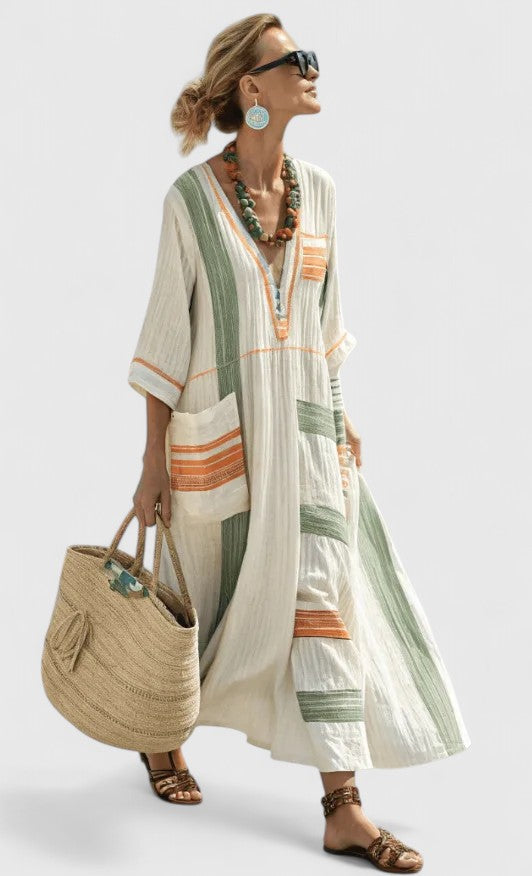 Women's Maxi Dress | Cotton Kaftan with Stripe Detail | V-Neck