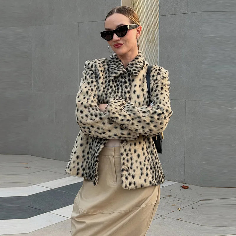 Womens leopard print coat with long sleeves and single breasted winter style