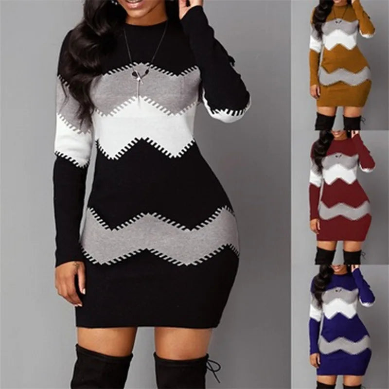 Knit Mini Dress | Women's Patchwork, Turtleneck | Long Sleeve, Knitted