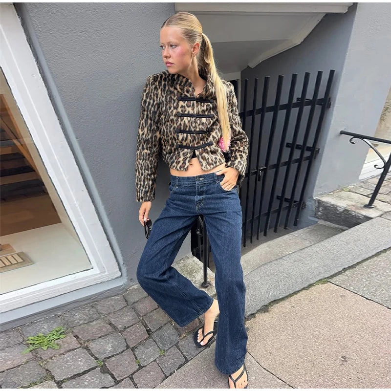 Womens leopard print coat with long sleeves and single breasted winter style