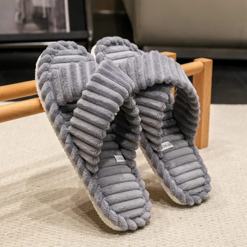 Women's Corduroy Slippers | Cross Band, Warm Plush | Open Toe Slides