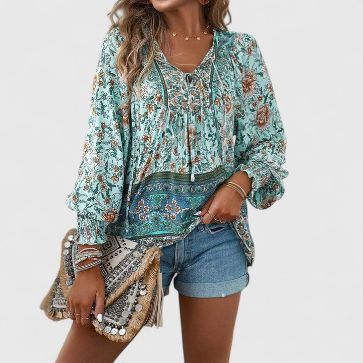 Women's Linen Blouse | Floral Boho, V-Neck Puff Sleeve