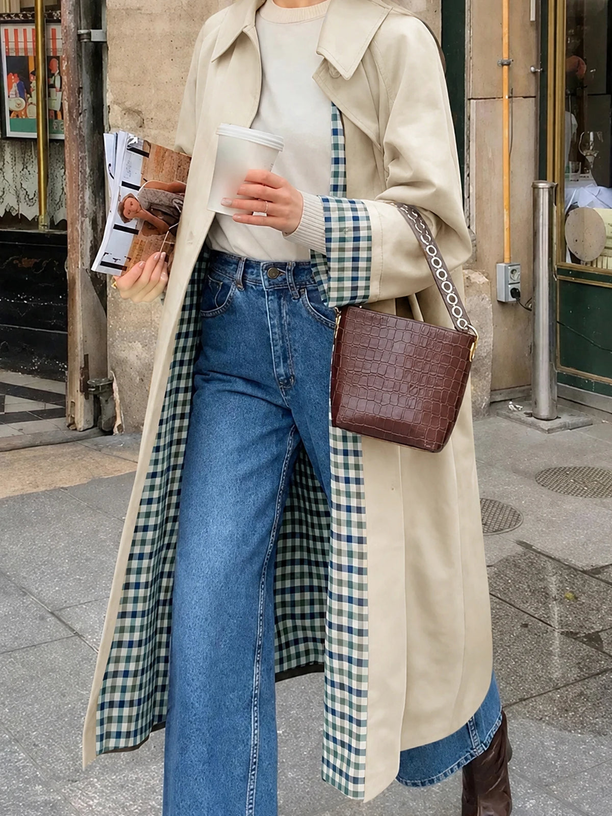 Women waterproof jacket plaid lined long trench coat single breasted