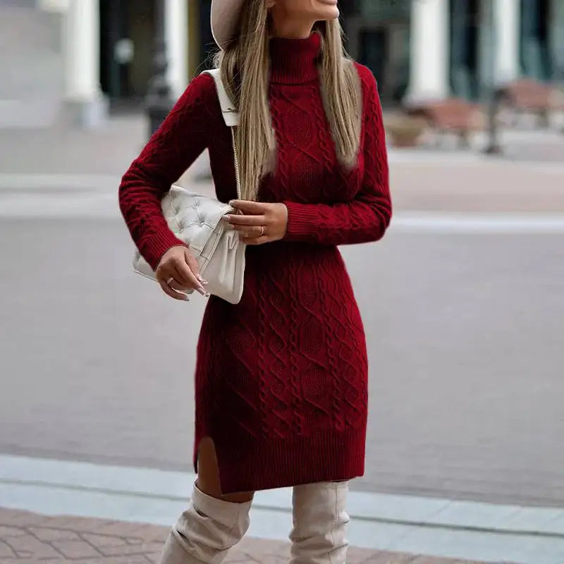 Jumper Dress | Women's Cable Knit, Turtleneck | Fitted, Knee Length