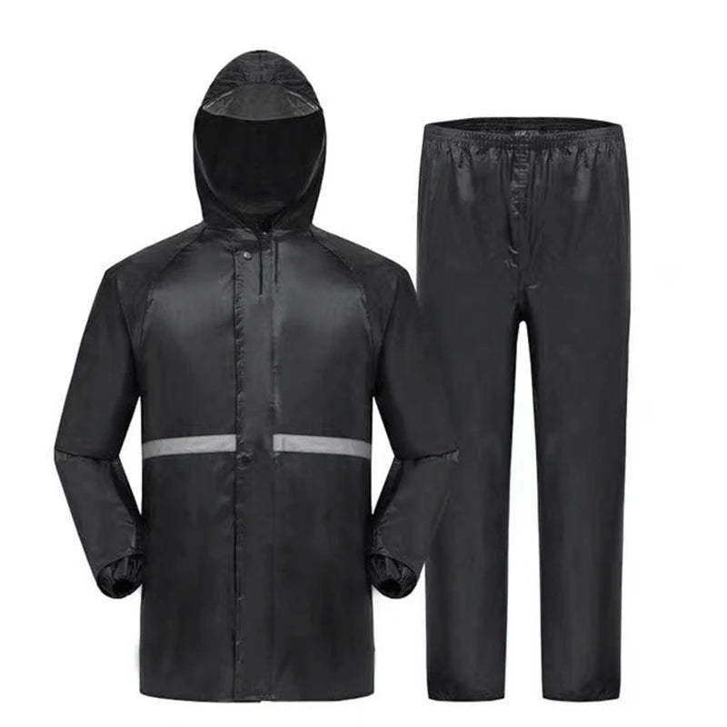 Unisex waterproof rain suit hooded jacket and pants with reflective strips
